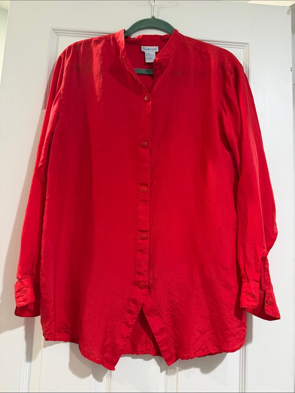 Bright Red Band-Collar Button-Down Silk Shirt
